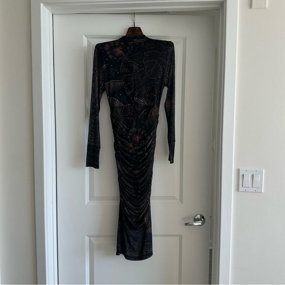 gold blue dress illusion Farm Rio Bird Leaves Long Dress